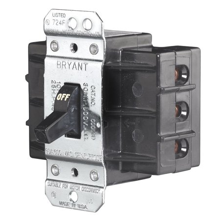 BRYANT Toggle Switch, Manual Motor Controllers, Three Pole, 60A 600V AC, Side Wired Only, Black 60003D